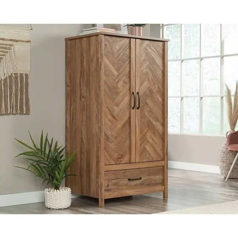 Rustic Farmhouse Herringbone Wardrobe Armoire with 1 Drawer and Garment Rod - Dimensions: 22.5" L x 32.3" W x 59.3" H 1