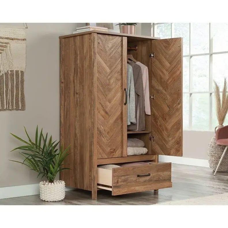 Rustic Farmhouse Herringbone Wardrobe Armoire with 1 Drawer and Garment Rod - Dimensions: 22.5" L x 32.3" W x 59.3" H 2