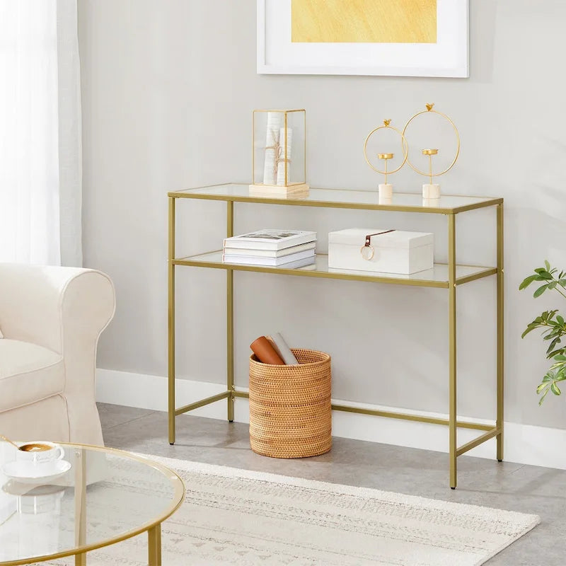 Elegant Gold Tempered Glass Console Table with Metal Frame and Dual Shelves - 39.4L x 13.8W x 31.5H 2