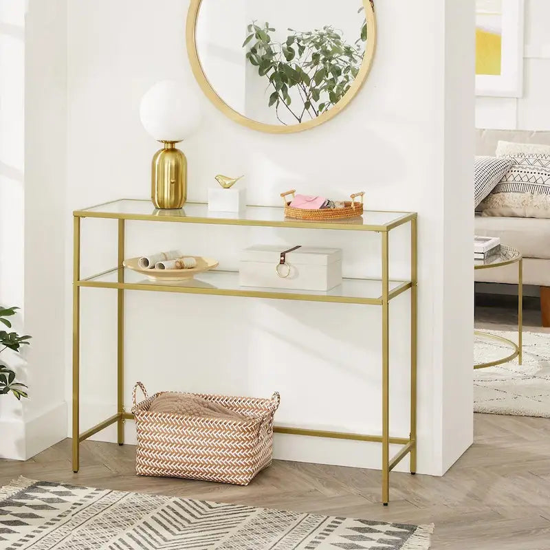 Elegant Gold Tempered Glass Console Table with Metal Frame and Dual Shelves - 39.4L x 13.8W x 31.5H 3