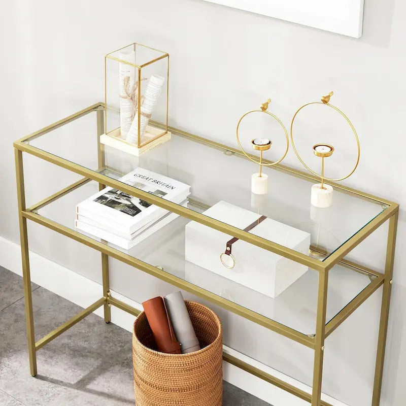 Elegant Gold Tempered Glass Console Table with Metal Frame and Dual Shelves - 39.4L x 13.8W x 31.5H 4