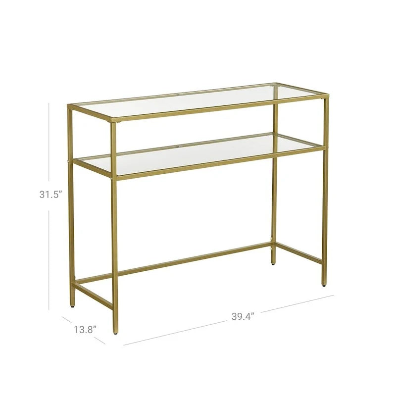 Elegant Gold Tempered Glass Console Table with Metal Frame and Dual Shelves - 39.4L x 13.8W x 31.5H 7