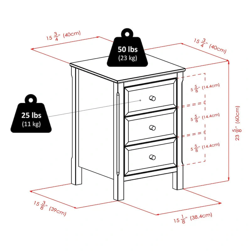 Elegant Black Wooden Nightstand with 3 Generous Storage Drawers - Dimensions: 15.75L x 15.75W x 23.63H 14