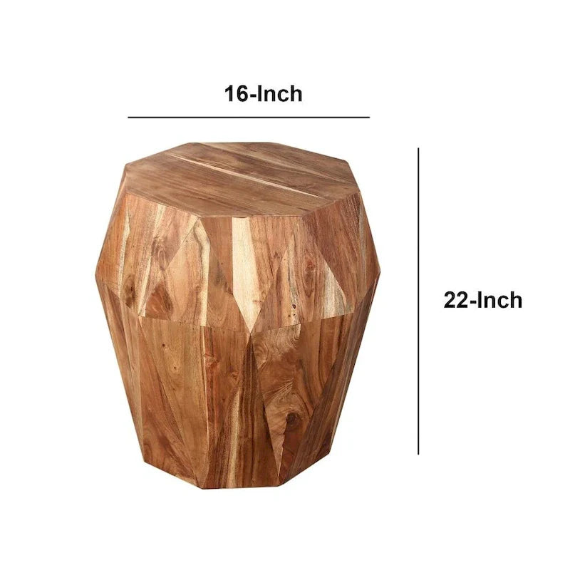 Handcrafted 21.5-Inch Octagonal Mango Wood Side Table with Faceted Design - Natural Brown Finish (16L x 16W x 21.5H) 2