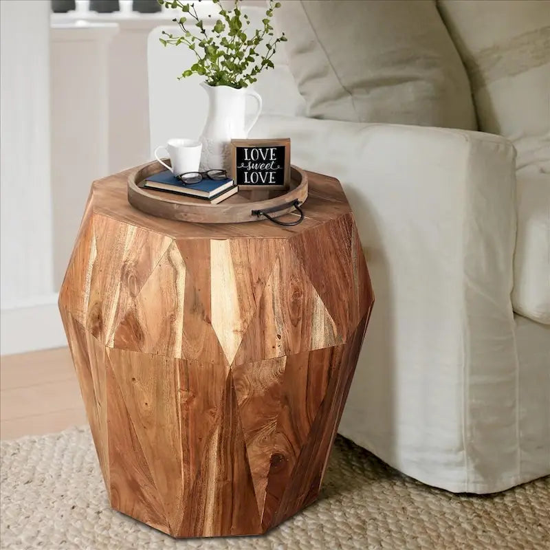 Handcrafted 21.5-Inch Octagonal Mango Wood Side Table with Faceted Design - Natural Brown Finish (16L x 16W x 21.5H) 3