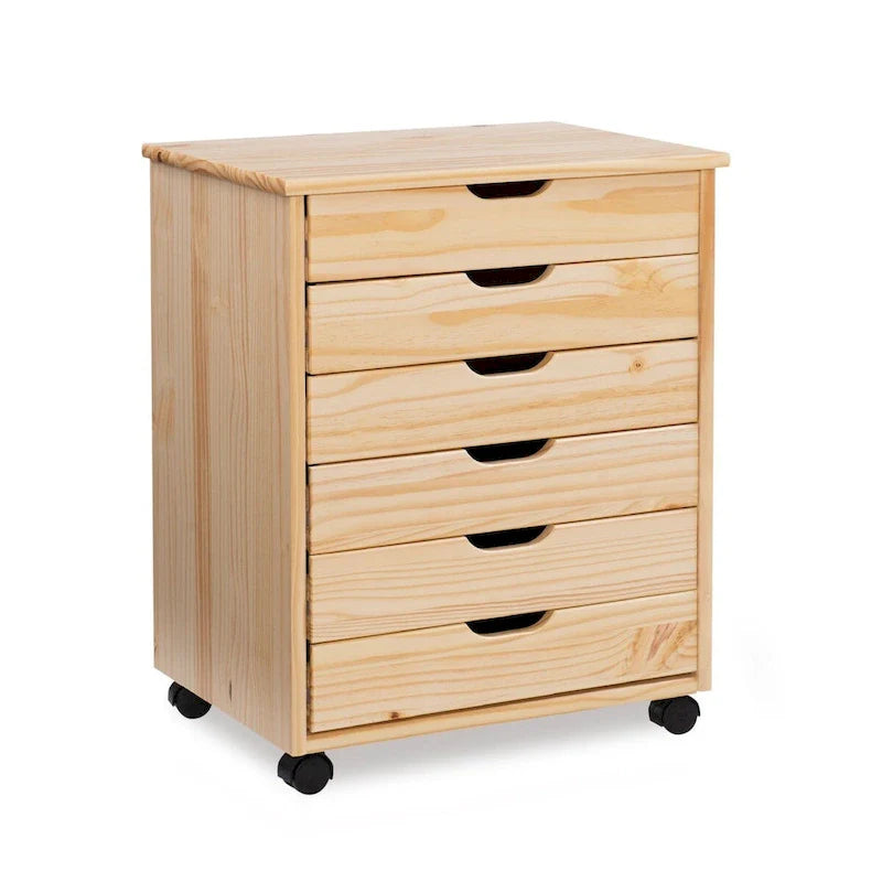 25.25-Inch Natural Brown Wide Rolling Storage Cabinet Featuring 6 Drawers 1