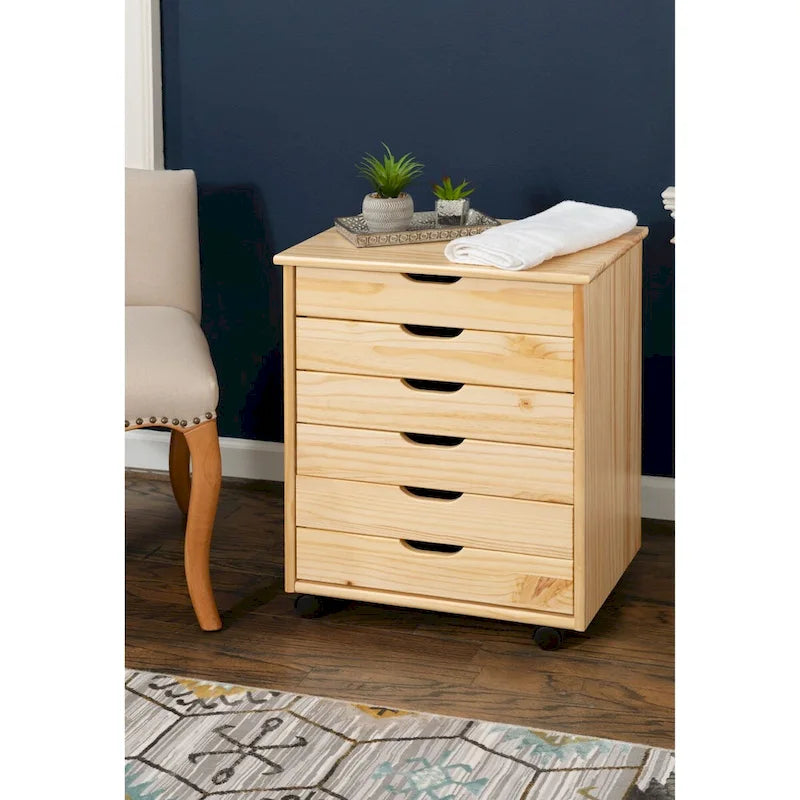 25.25-Inch Natural Brown Wide Rolling Storage Cabinet Featuring 6 Drawers 2