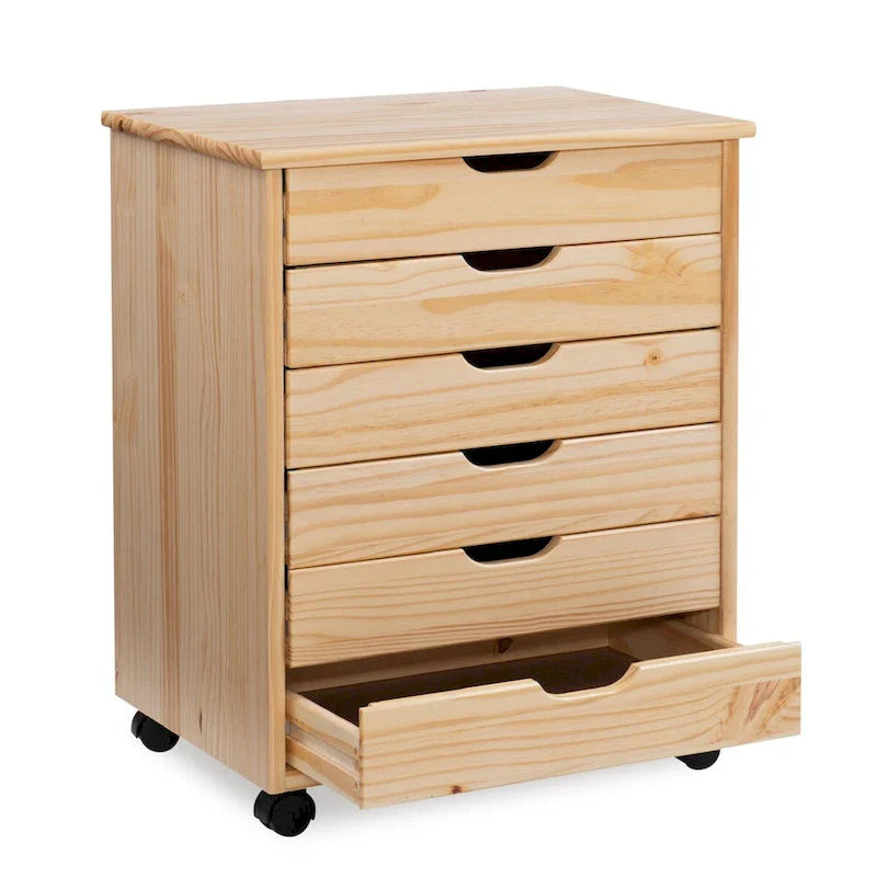 25.25-Inch Natural Brown Wide Rolling Storage Cabinet Featuring 6 Drawers 3