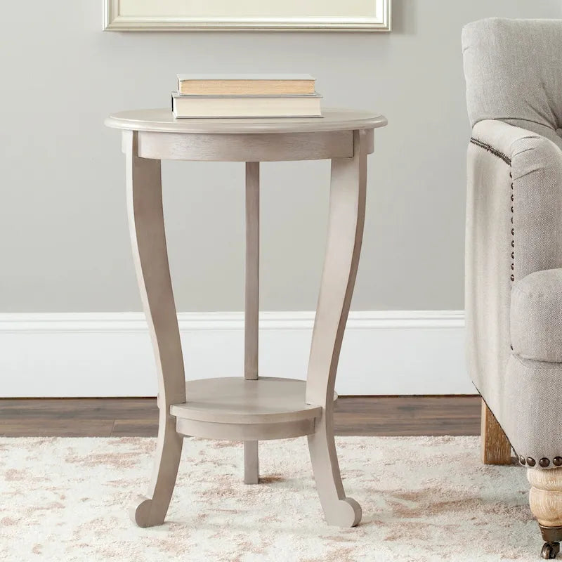 Round Pedestal Side Table with Curved Legs and Lower Shelf