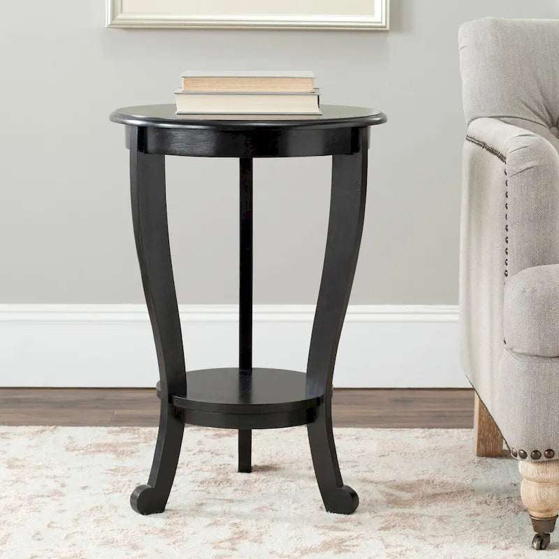 Round Pedestal Side Table with Curved Legs and Lower Shelf