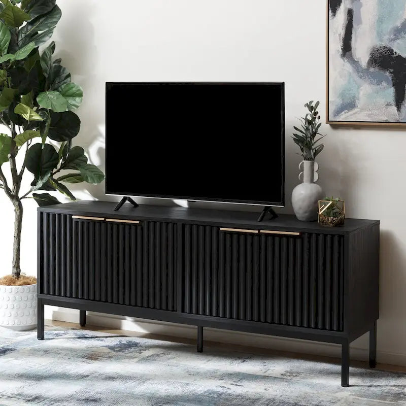 Mid Century TV Stand with Tambour Doors and Storage Drawers 2