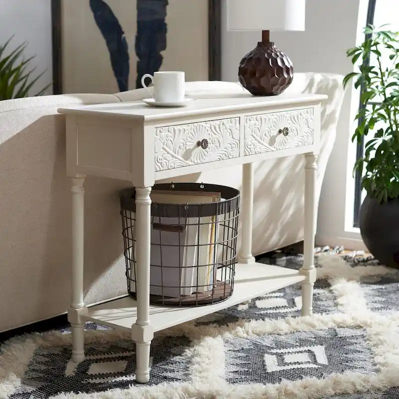 Carved Console Table with Drawers and Shelf