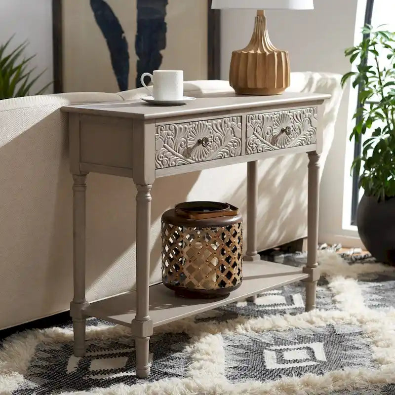Carved Console Table with Drawers and Shelf