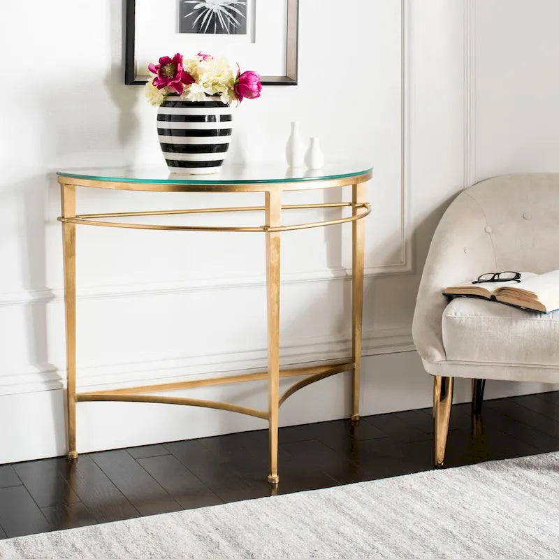 SAFAVIEH Couture Zelda Antique Gold Glass Console Table - Dimensions: 36" W x 15" D x 31" H 1