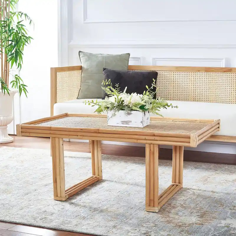 SAFAVIEH Gerdhilde Tropical Boho Coastal Rattan Rectangle Coffee Table - 47" W x 24" D x 18" H 1