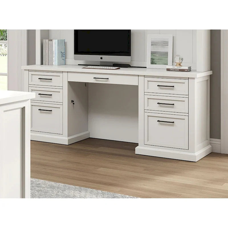 Contemporary White Wood Office Desk, Fully Assembled Writing Table and Credenza 1