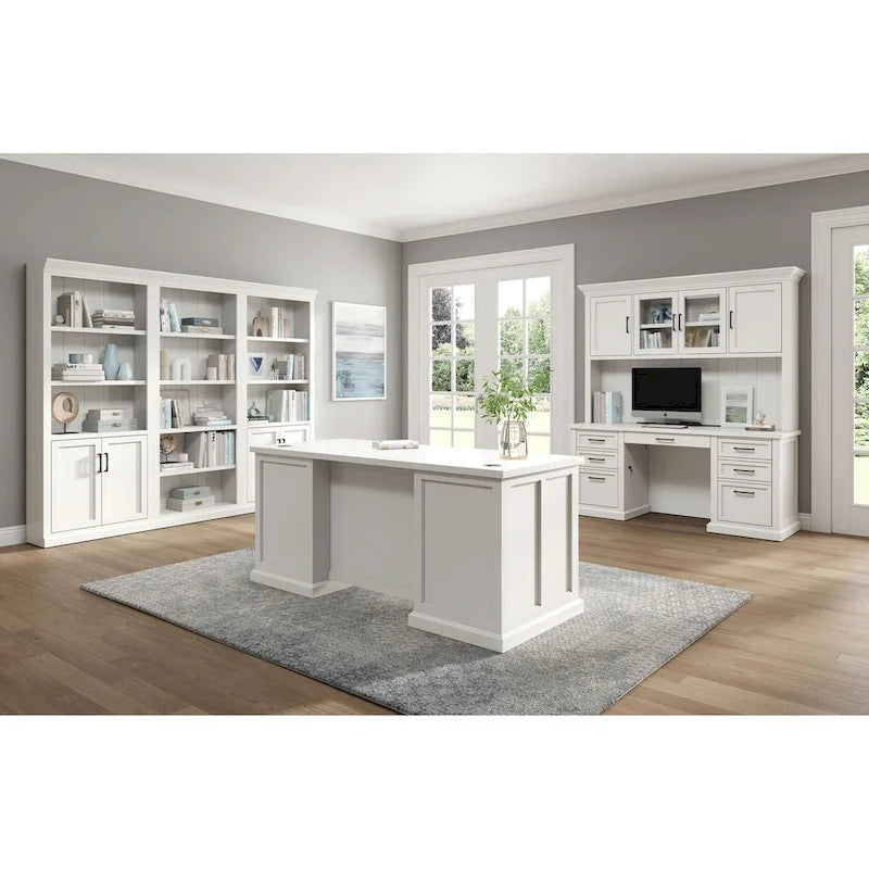 Contemporary White Wood Office Desk, Fully Assembled Writing Table and Credenza 2