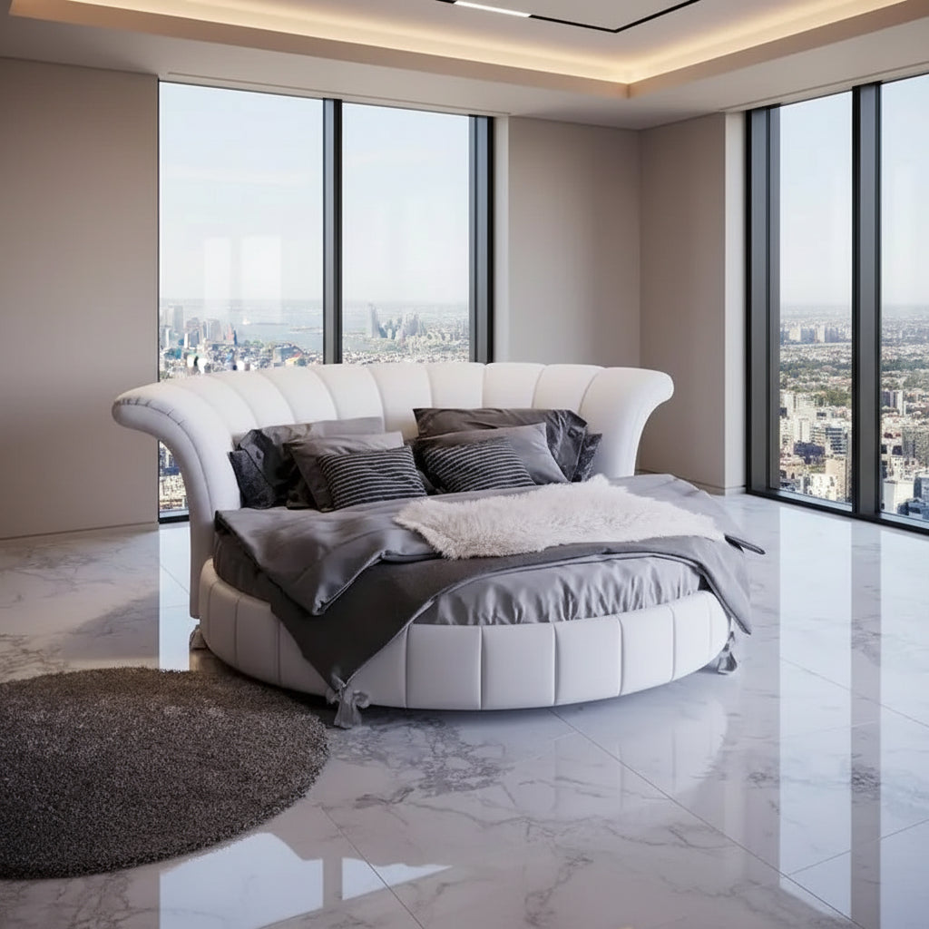 Sofacraft White Faux Leather Venetian Round King Bed