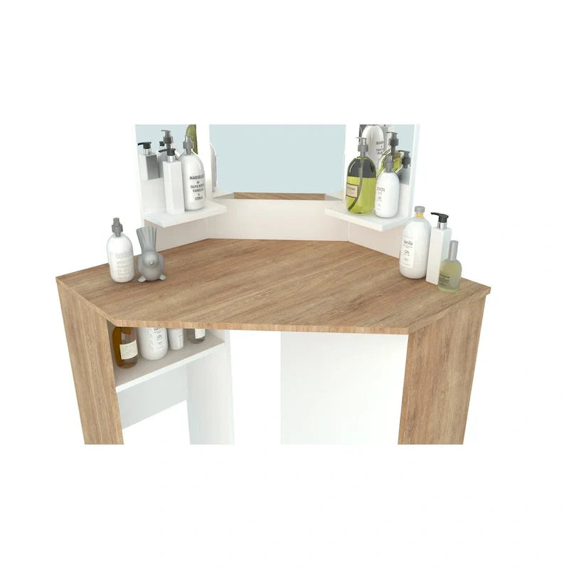 LED-Illuminated Pearl Corner Makeup Vanity with Storage 1