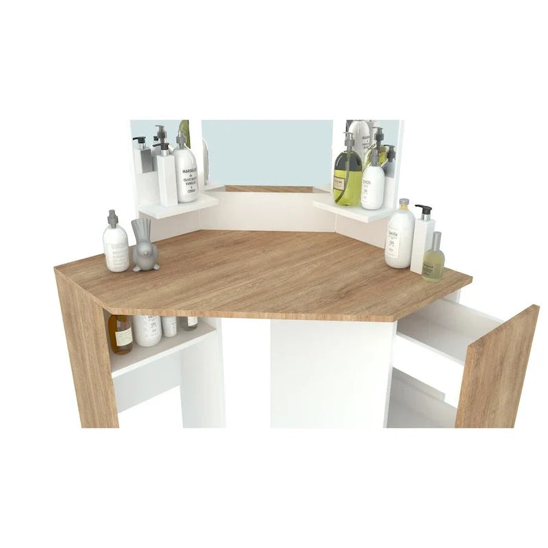 LED-Illuminated Pearl Corner Makeup Vanity with Storage 2