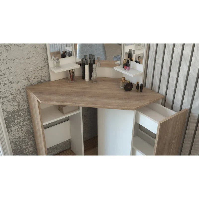 LED-Illuminated Pearl Corner Makeup Vanity with Storage 6