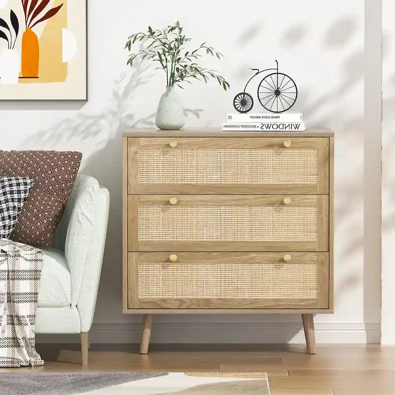 Modern Boho 3-Drawer Rattan Dresser - Stylish Chest of Drawers with Ample Storage for Your Bedroom 3