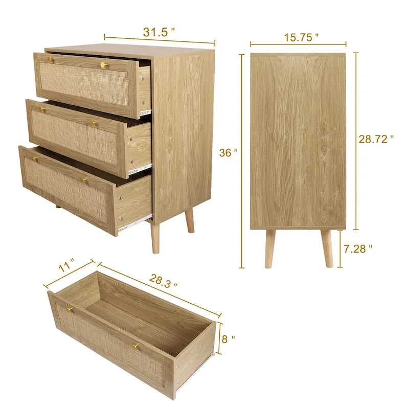 Modern Boho 3-Drawer Rattan Dresser - Stylish Chest of Drawers with Ample Storage for Your Bedroom 5
