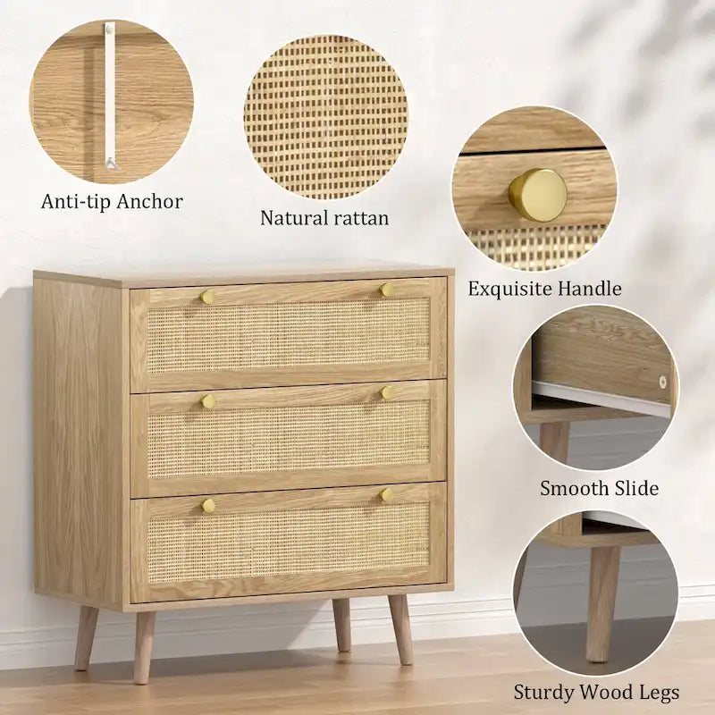 Modern Boho 3-Drawer Rattan Dresser - Stylish Chest of Drawers with Ample Storage for Your Bedroom 6