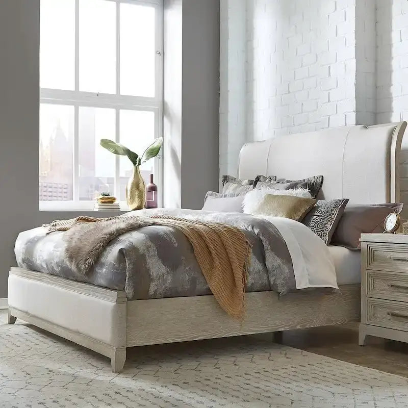 Belmar King Upholstered Bed in Washed Taupe and Silver Champagne 1