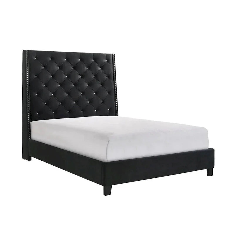 Queen Size Maze Bed with Button Tufting, Nailhead Accents, and Black Fabric Upholstery 1