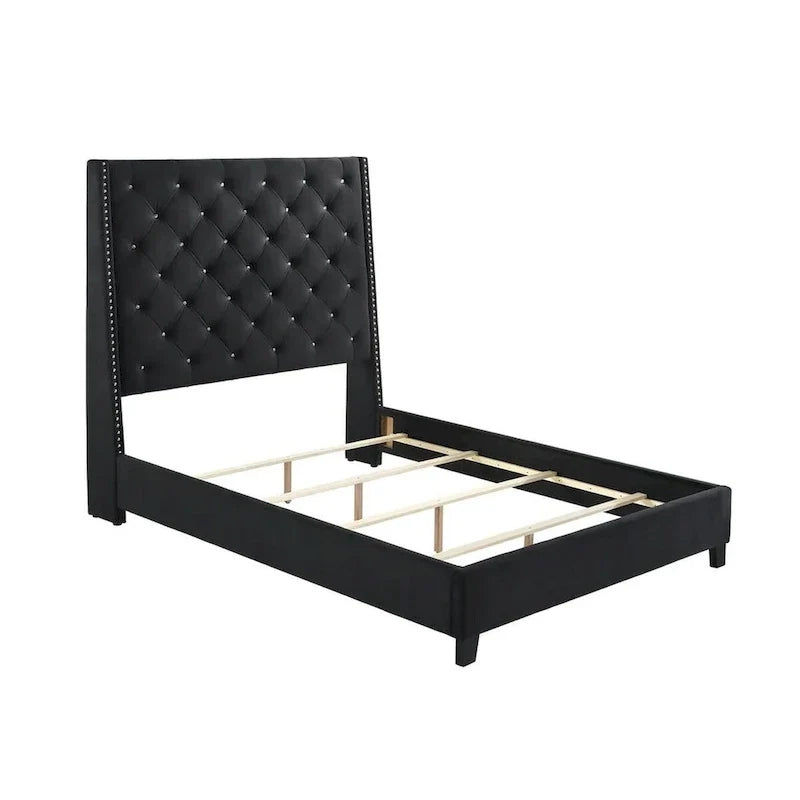 Queen Size Maze Bed with Button Tufting, Nailhead Accents, and Black Fabric Upholstery 2