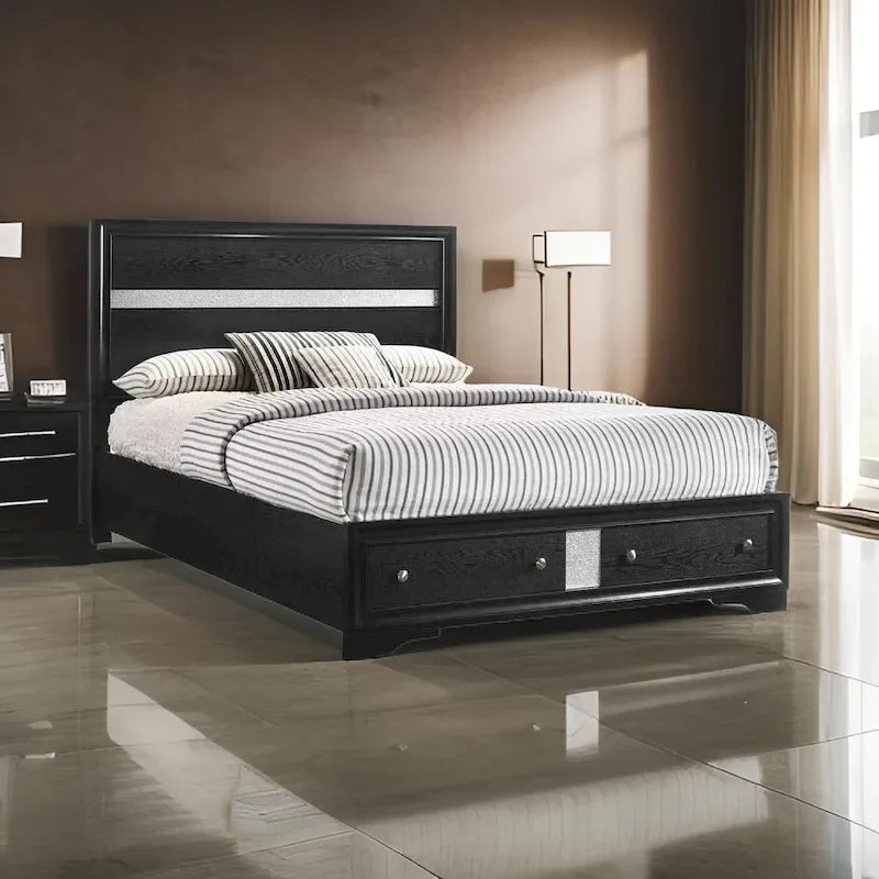 Regi King Size Bed with 2 Storage Drawers, Silver Striped Headboard, Black Wood Frame 1