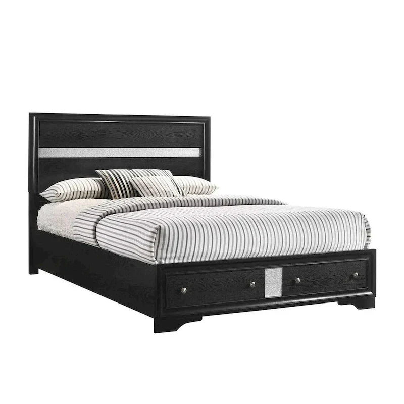 Regi King Size Bed with 2 Storage Drawers, Silver Striped Headboard, Black Wood Frame 2