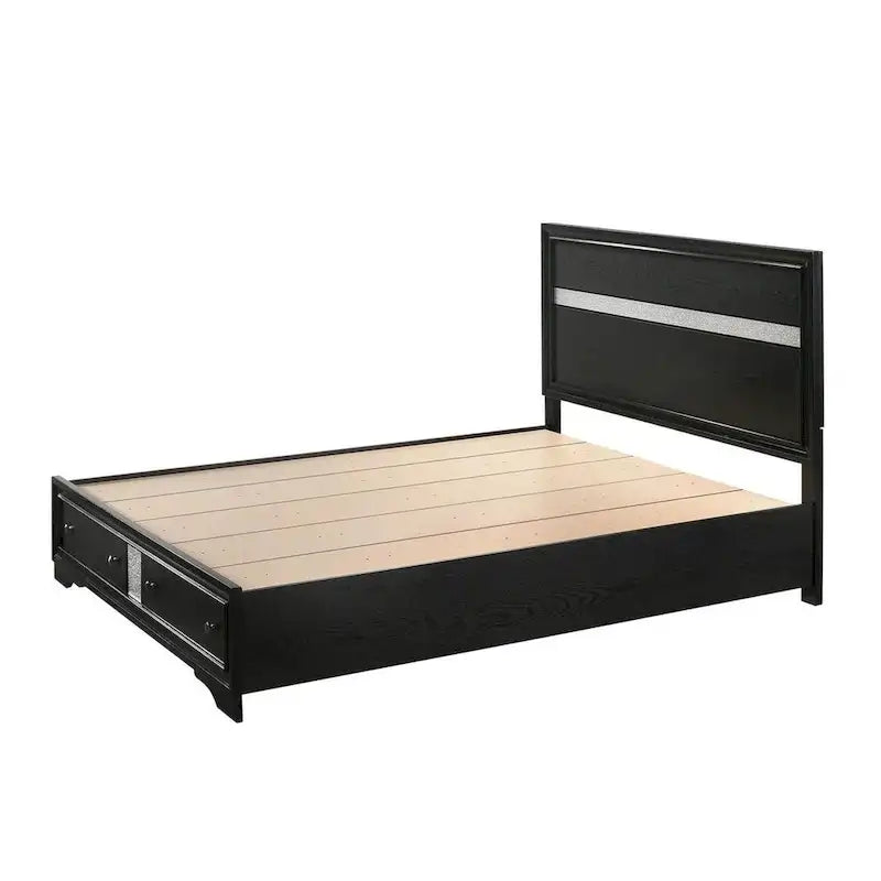 Regi King Size Bed with 2 Storage Drawers, Silver Striped Headboard, Black Wood Frame 3