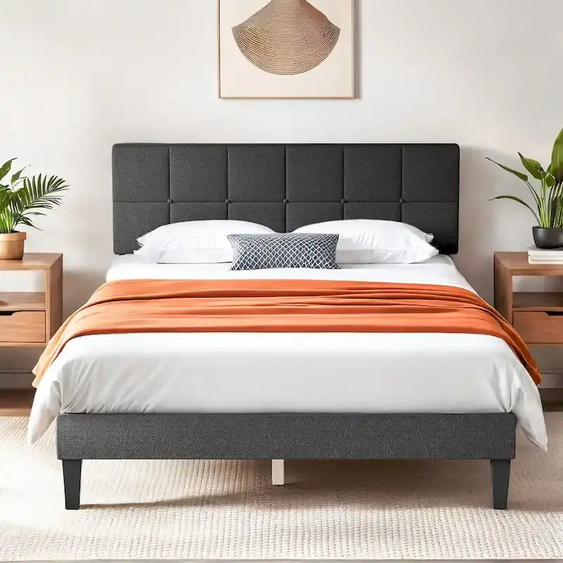 Modern Platform Bed Frame with Adjustable Headboard - Sturdy Geometric Upholstered Design with 800LBS Capacity and Solid Wooden Slats 1