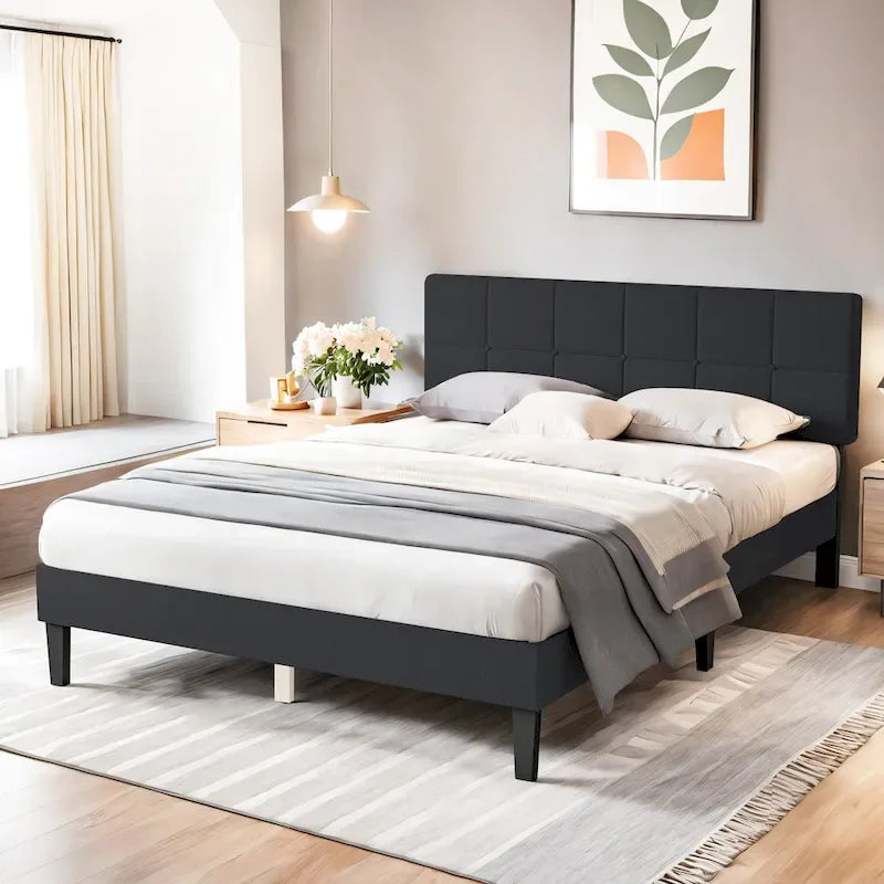 Modern Platform Bed Frame with Adjustable Headboard - Sturdy Geometric Upholstered Design with 800LBS Capacity and Solid Wooden Slats 2