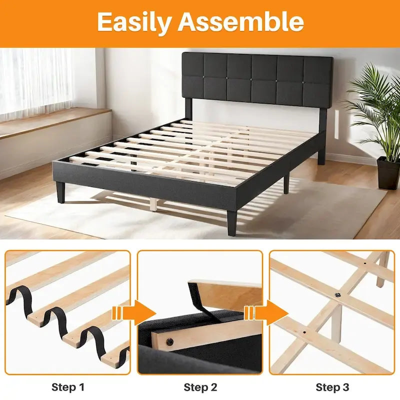 Modern Platform Bed Frame with Adjustable Headboard - Sturdy Geometric Upholstered Design with 800LBS Capacity and Solid Wooden Slats 4