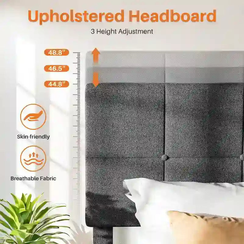 Modern Platform Bed Frame with Adjustable Headboard - Sturdy Geometric Upholstered Design with 800LBS Capacity and Solid Wooden Slats 5