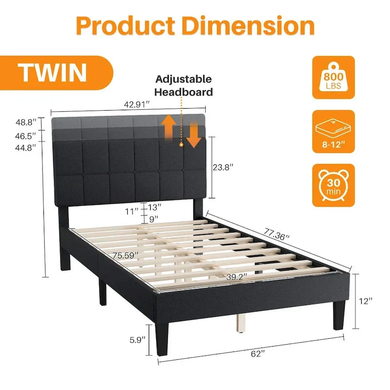 Modern Platform Bed Frame with Adjustable Headboard - Sturdy Geometric Upholstered Design with 800LBS Capacity and Solid Wooden Slats 6
