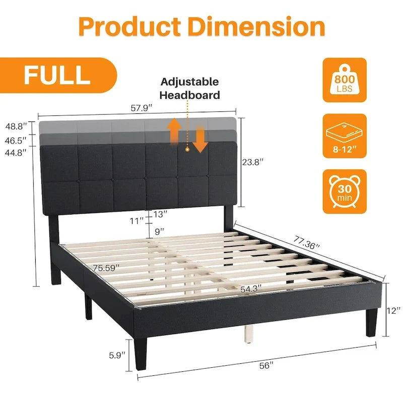Modern Platform Bed Frame with Adjustable Headboard - Sturdy Geometric Upholstered Design with 800LBS Capacity and Solid Wooden Slats 7