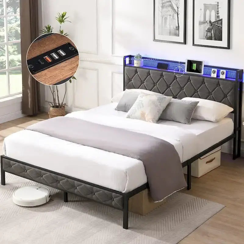 Upholstered Full Bed Frame with Built-in Charging Station and LED Lights - Sturdy Platform Design with Heavy Metal Slats, No Box Spring Required 1