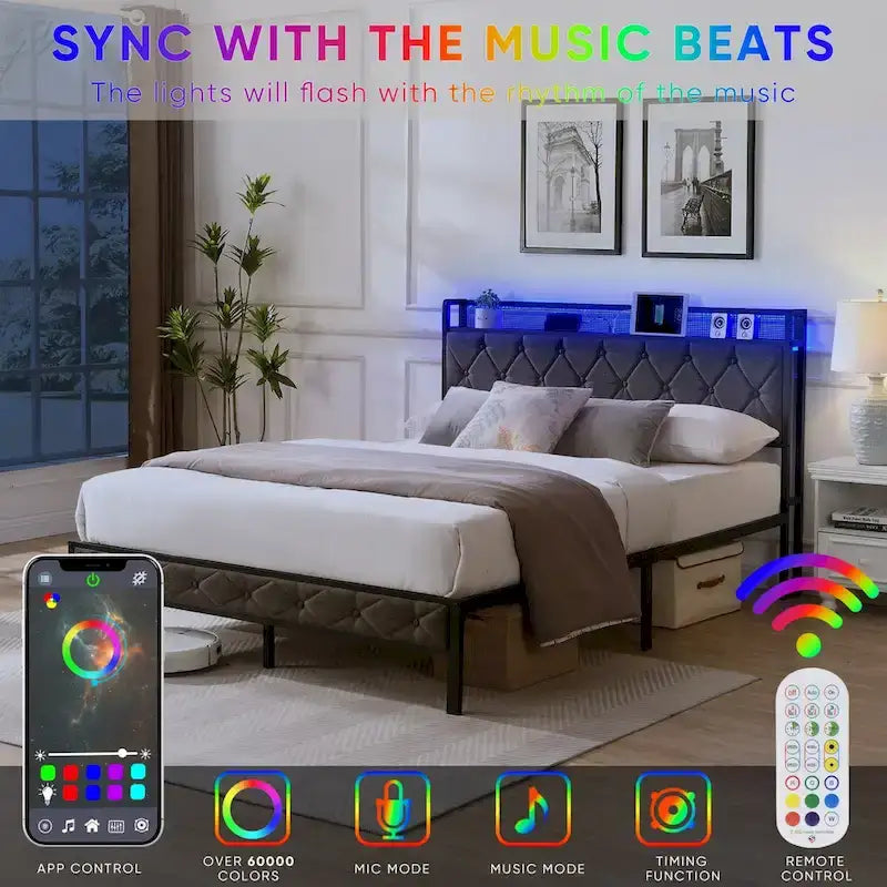 Upholstered Full Bed Frame with Built-in Charging Station and LED Lights - Sturdy Platform Design with Heavy Metal Slats, No Box Spring Required 4