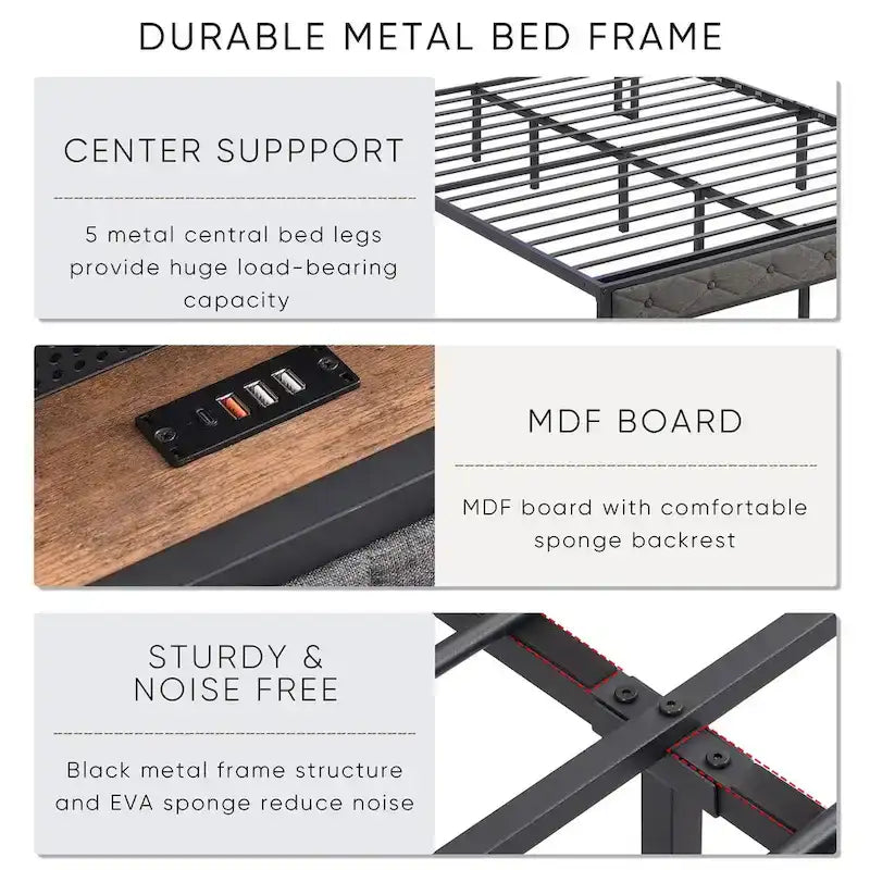 Upholstered Full Bed Frame with Built-in Charging Station and LED Lights - Sturdy Platform Design with Heavy Metal Slats, No Box Spring Required 5