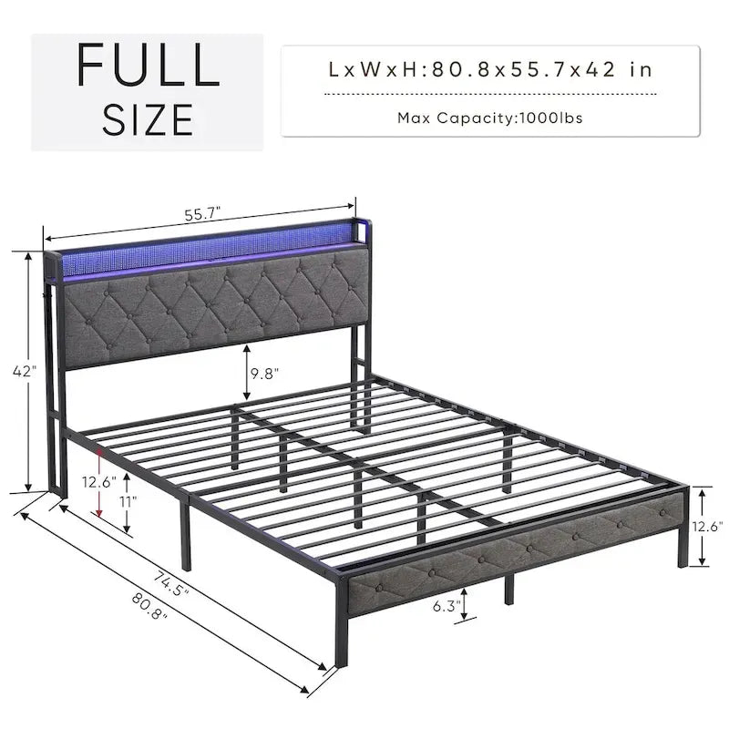 Upholstered Full Bed Frame with Built-in Charging Station and LED Lights - Sturdy Platform Design with Heavy Metal Slats, No Box Spring Required 6
