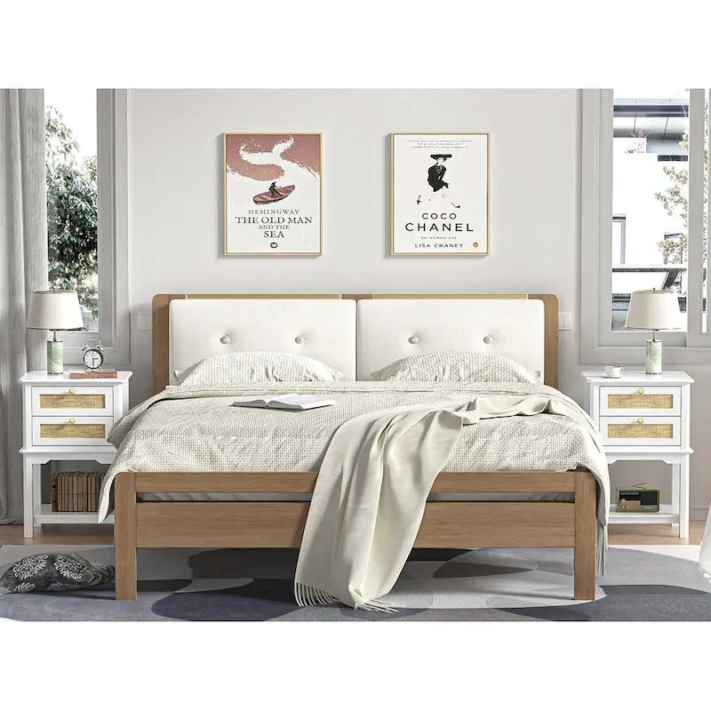 Contemporary 27.95" Tall White 2-Drawer Nightstand with Wood and Rattan, Featuring a Storage Shelf for Bedroom 1