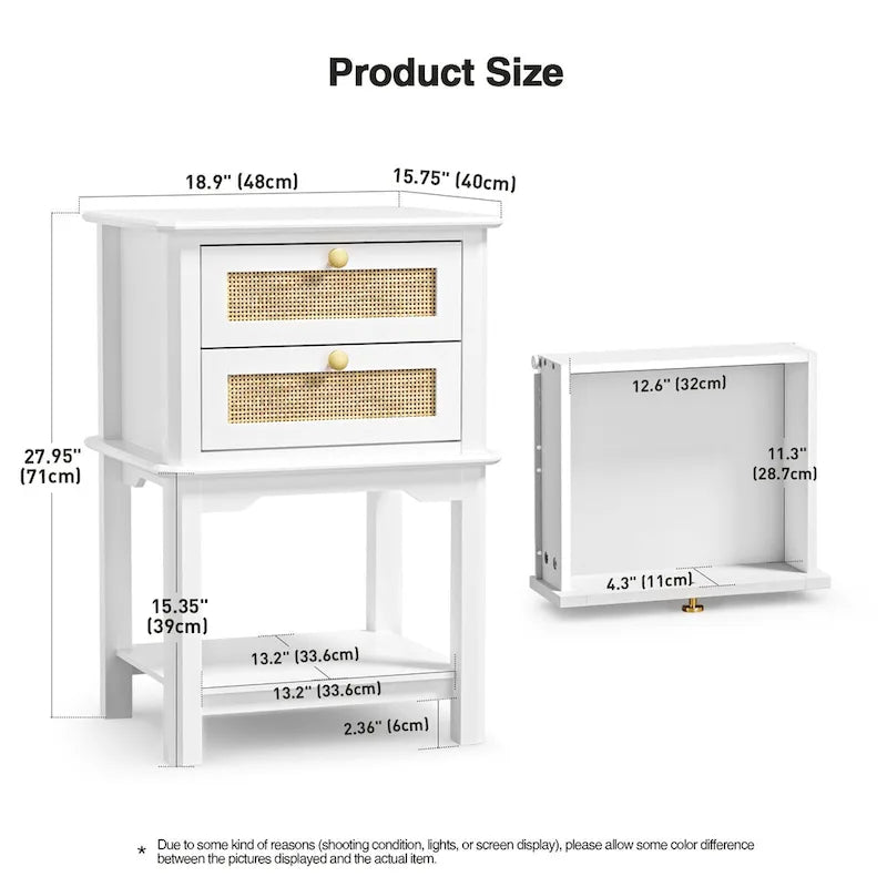 Contemporary 27.95" Tall White 2-Drawer Nightstand with Wood and Rattan, Featuring a Storage Shelf for Bedroom 2
