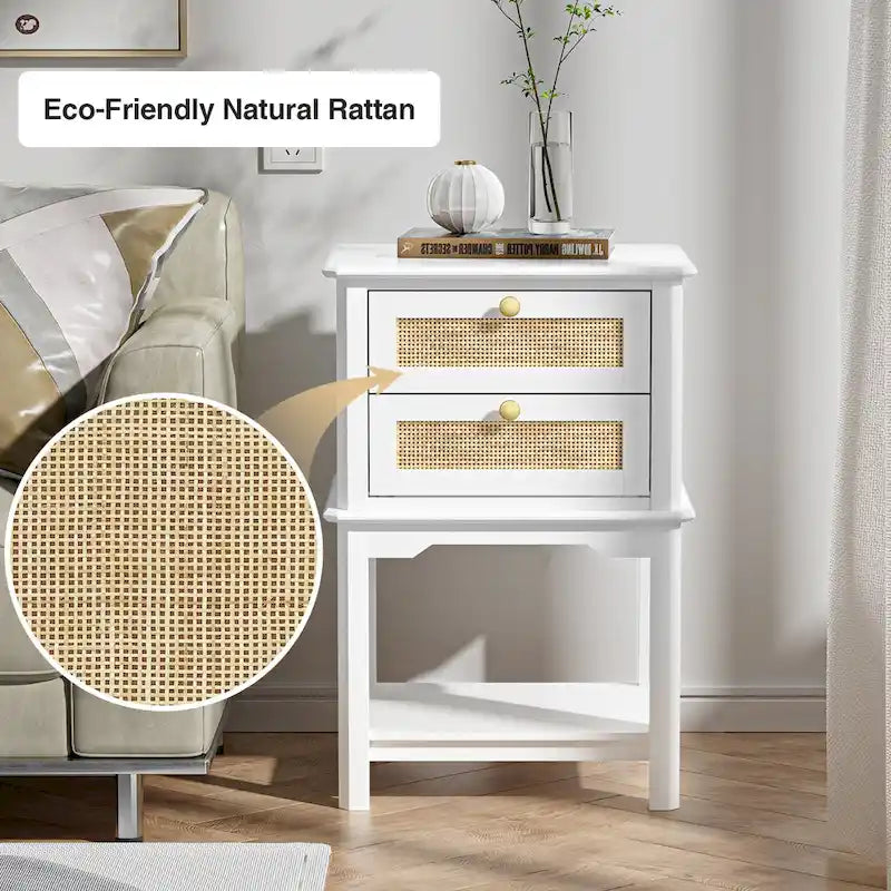 Contemporary 27.95" Tall White 2-Drawer Nightstand with Wood and Rattan, Featuring a Storage Shelf for Bedroom 3