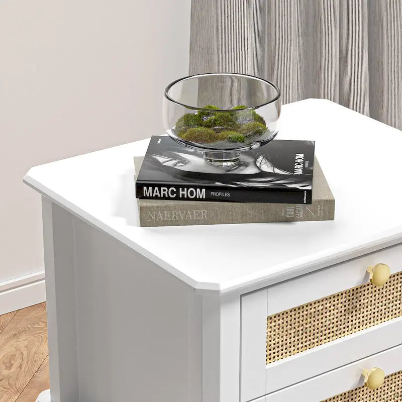 Contemporary 27.95" Tall White 2-Drawer Nightstand with Wood and Rattan, Featuring a Storage Shelf for Bedroom 4