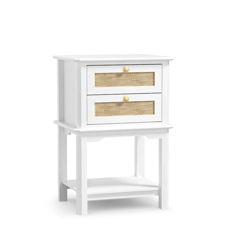 Contemporary 27.95" Tall White 2-Drawer Nightstand with Wood and Rattan, Featuring a Storage Shelf for Bedroom 6