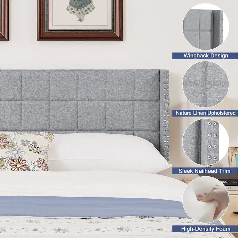 Javlergo Adjustable Upholstered Wingback Headboard for Queen/King Size Beds with Double Nailhead Trim 3
